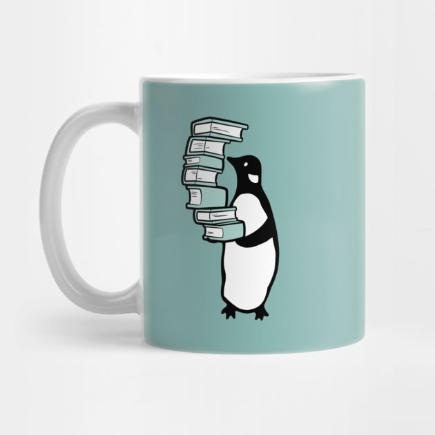 Penguin holding pile of books by indiebookster